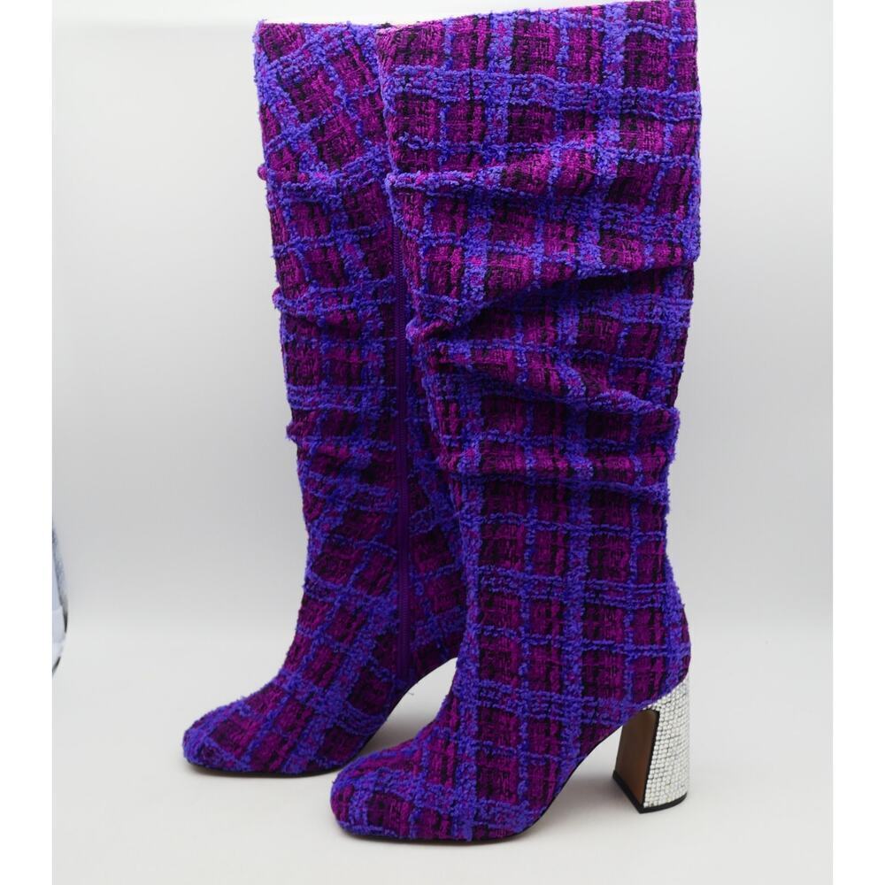 NEW Betsey Johnson Women's 6 Declaan Tall Boots Purple Tweed Rhinestone Heels - Picture 2 of 13